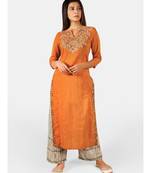 Orange long embroidered neck kurta with rust canvas palazzo pant
