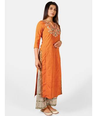 Orange long embroidered neck kurta with rust canvas palazzo pant 2