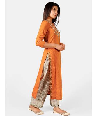 Orange long embroidered neck kurta with rust canvas palazzo pant 3