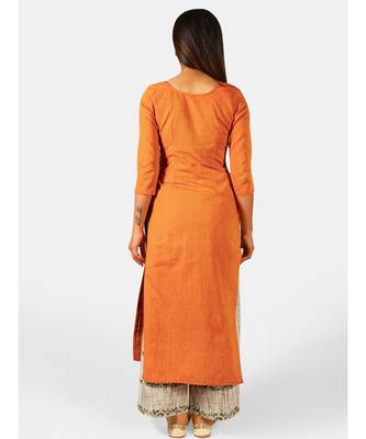 Orange long embroidered neck kurta with rust canvas palazzo pant 4