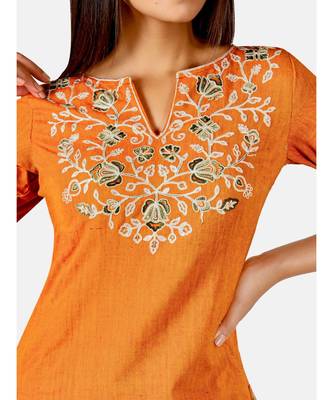 Orange long embroidered neck kurta with rust canvas palazzo pant 5