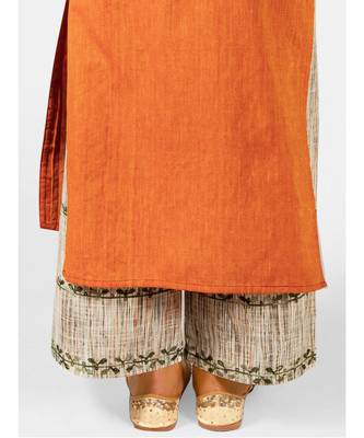 Orange long embroidered neck kurta with rust canvas palazzo pant 6