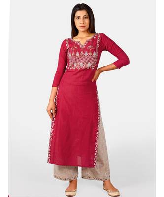 Red embroidered yoke princes line kurta with cream palazzo pant 1