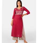 Red embroidered yoke princes line kurta with cream palazzo pant