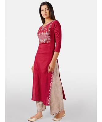 Red embroidered yoke princes line kurta with cream palazzo pant 2