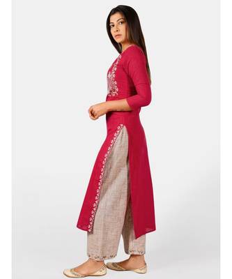 Red embroidered yoke princes line kurta with cream palazzo pant 3