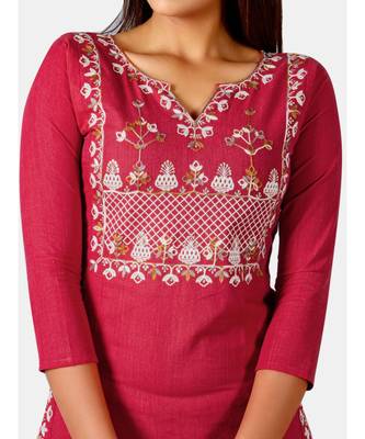 Red embroidered yoke princes line kurta with cream palazzo pant 5