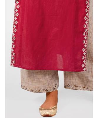Red embroidered yoke princes line kurta with cream palazzo pant 6