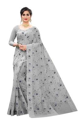 Grey printed silk saree with blouse 1