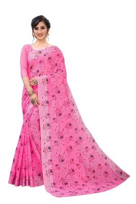 Pink printed silk saree with blouse 1