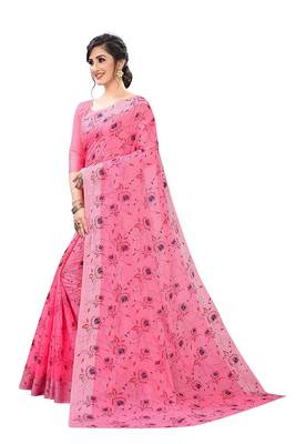 Pink printed silk saree with blouse 2
