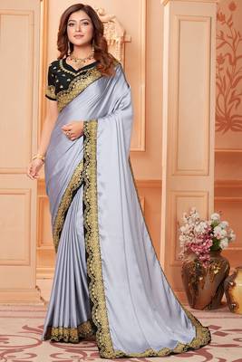 Silver embroidered silk blend saree with blouse 1