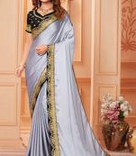 Silver embroidered silk blend saree with blouse