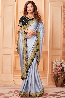 Silver embroidered silk blend saree with blouse 2