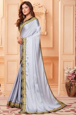 Silver embroidered silk blend saree with blouse 3