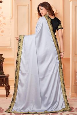 Silver embroidered silk blend saree with blouse 4