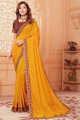 Orange embroidered silk blend saree with blouse 1