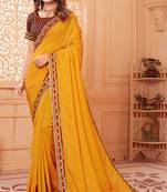 Orange embroidered silk blend saree with blouse