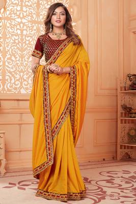 Orange embroidered silk blend saree with blouse 2