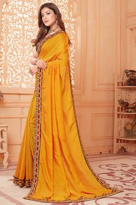Orange embroidered silk blend saree with blouse 3
