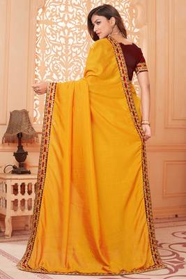 Orange embroidered silk blend saree with blouse 4