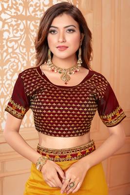Orange embroidered silk blend saree with blouse 5