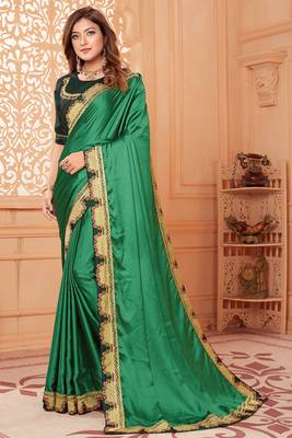 Green embroidered silk blend saree with blouse 1