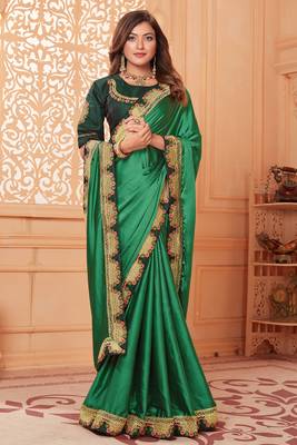 Green embroidered silk blend saree with blouse 2