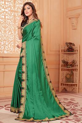 Green embroidered silk blend saree with blouse 3