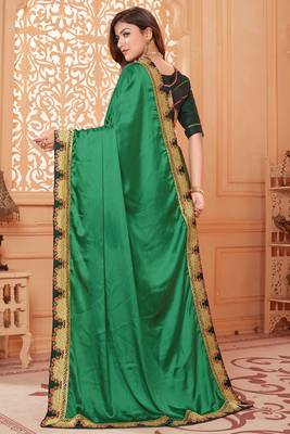 Green embroidered silk blend saree with blouse 4