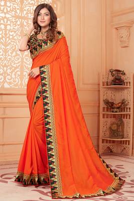 Orange embroidered silk blend saree with blouse 1