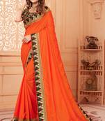 Orange embroidered silk blend saree with blouse