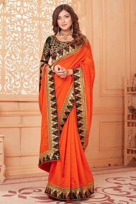 Orange embroidered silk blend saree with blouse 2