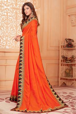 Orange embroidered silk blend saree with blouse 3
