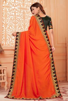 Orange embroidered silk blend saree with blouse 4