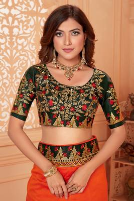 Orange embroidered silk blend saree with blouse 5