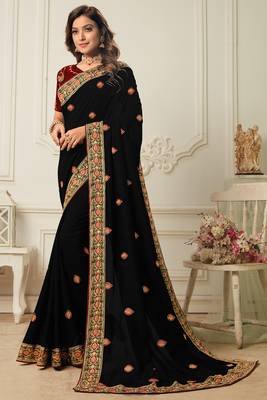 Black embroidered silk blend saree with blouse 1