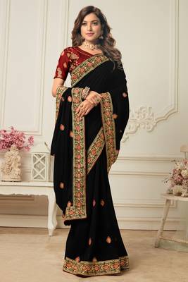 Black embroidered silk blend saree with blouse 2