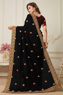 Black embroidered silk blend saree with blouse 4