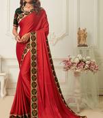 Red embroidered silk blend saree with blouse