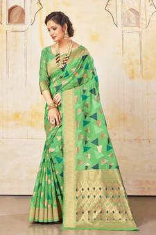 Green printed cotton silk saree with blouse