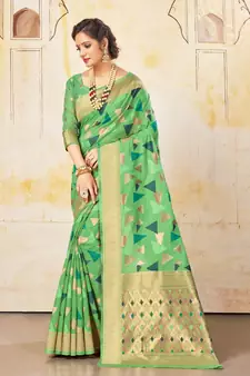 Green printed cotton silk saree with blouse