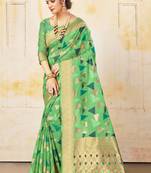 Green printed cotton silk saree with blouse