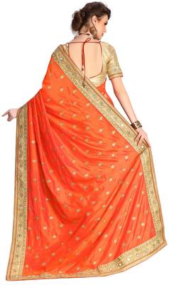 Trendmalls Heavy Embroidery art Silk Orange Party Wear Saree With Blouse 2