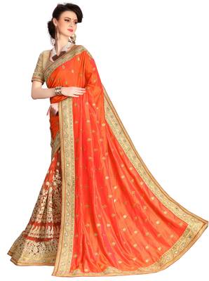 Trendmalls Heavy Embroidery art Silk Orange Party Wear Saree With Blouse 3
