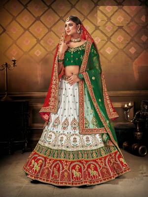 White embroidered satin semi stitched lehenga 1