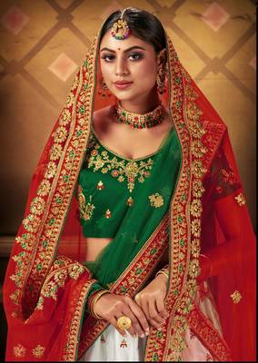 White embroidered satin semi stitched lehenga 2
