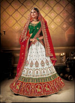 White embroidered satin semi stitched lehenga 3