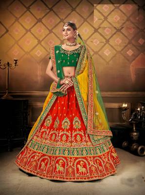 Red embroidered satin semi stitched lehenga 1