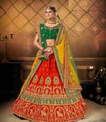 Red embroidered satin semi stitched lehenga